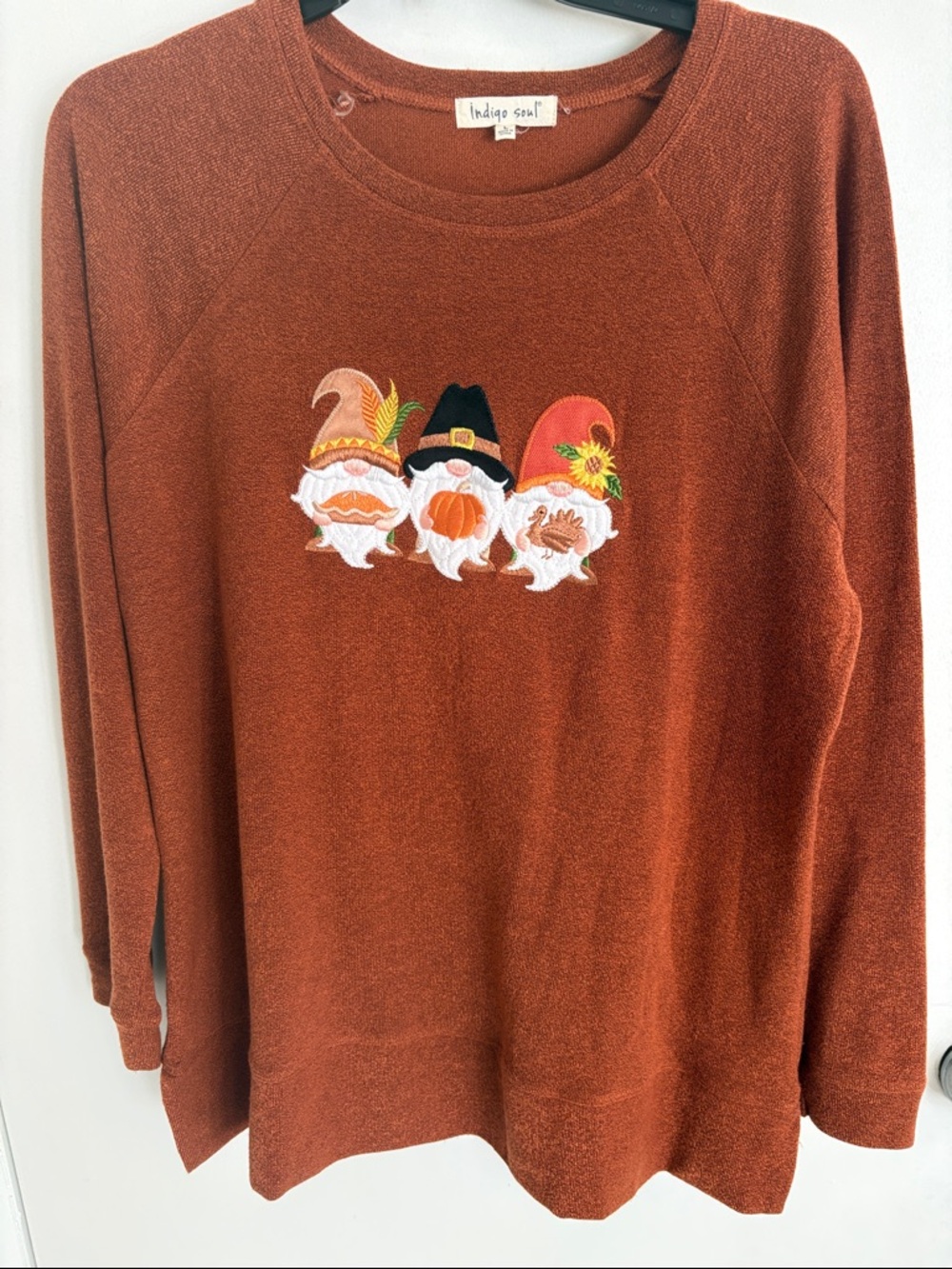 indigo soul Rust Crewneck Sweater with Autumn Gnome Embroidery